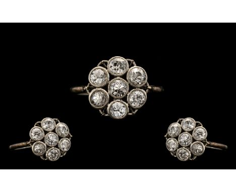 Antique Period Nice Quality Diamond Set Cluster Ring flowerhead setting marked 18ct gold. Excellent sparkle - all diamonds of