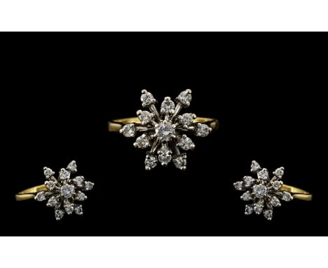 18ct Gold Attractive Starburst Design Dress Ring Set with Diamonds.  Marked to interior of shank 18ct.  The diamonds of good 