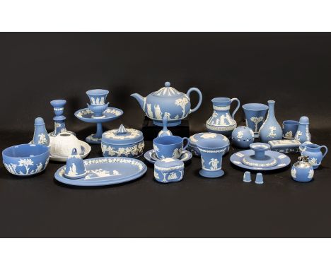 Collection of Wedgwood Blue Jasper approx 35 pieces, including a Tea Pot, Sugar Bowl, various plates, vases, pots, ring holde