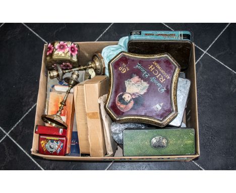 A Box of Assorted Advertising Tins, collectables and oddments. To include a pair of Indian candle holders, a travelling chess