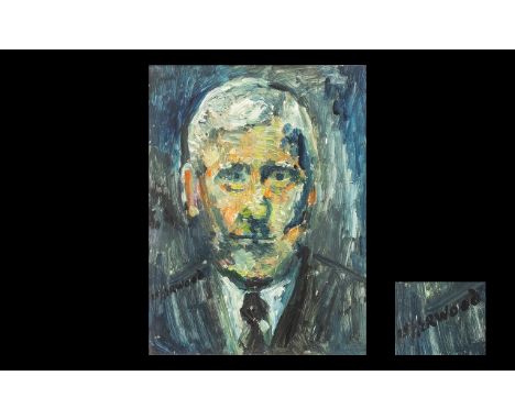James Lawrence Isherwood 1917-1988 Titled 'A Portrait of Lowry' at 80. Oil on board. Signed by Isherwood and Titled to obvers
