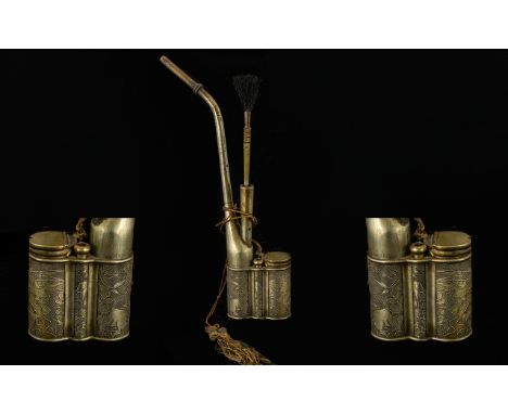 19th Century Chinese Opium Pipe silvered metal decorated to the body with dogs and birds amongst foliage with brush attachmen