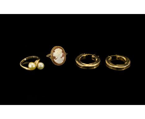 Small Collection of 9ct Gold Jewellery - including a pair of 9ct Gold hoop earrings, a 9ct Gold Cameo ring, a 9ct Gold double