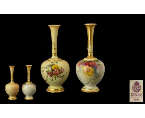 Royal Worcester Nice Quality Pair of Hand Painted Blush Ivory Specimen Vases. Each Decorated with Images of Painted Enamel of