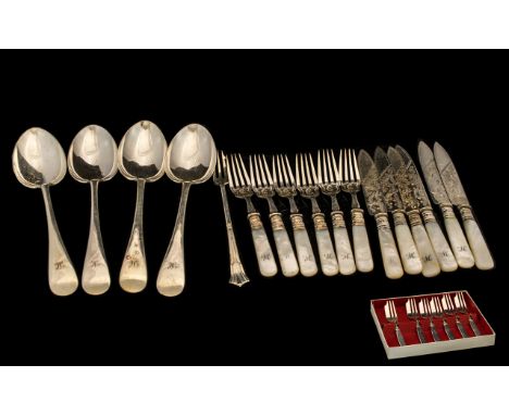 Collection of Silver Plated Ware to include a boxed set of six Pastry Forks; four large serving spoons; six knives and forks 