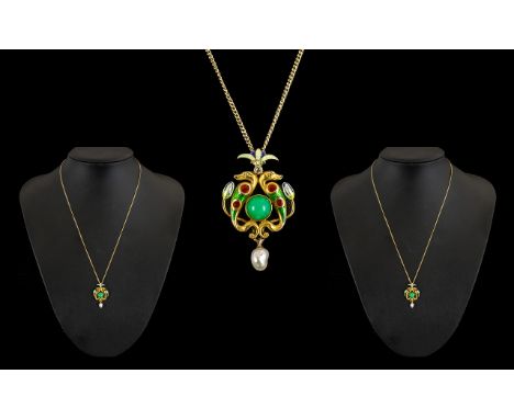 Antique Period - French 19th Century Nice Quality and Attractive 9ct Gold and Painted Enamel Ornate Pendant, Set with Central
