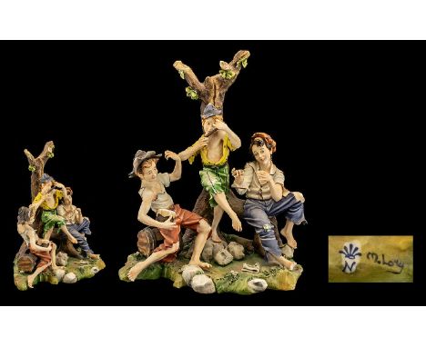 Capo-di-monte Large and Impressive Group Figure, Three Boys by a Tree Playing Musical Pieces, Signed to Base. c.1970's. 14 In