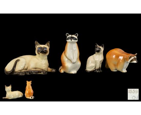 A Small Collection of Ceramic Animal Figures ( 4 ) In Total. Comprises Beswick Siamese Cat, 1st Version, Lying Facing Right, 