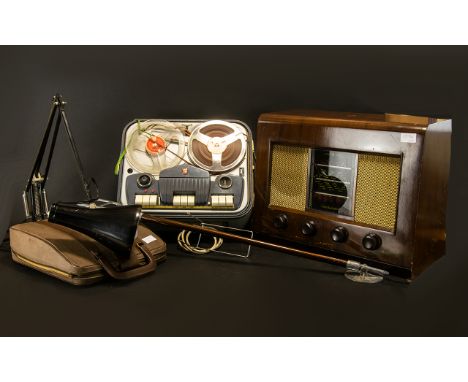 Collection of Interesting Vintage Items including a vintage Bush wooden cased radio with integral speakers, Type ACII, measur