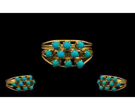 18ct Gold - Attractive Turquoise Set Ring with Open Wired Setting of Pleasing Form. Ring Size - P. All Aspects of Condition I