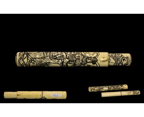 Japanese 19th Century Ivory Bone Chopstick Holder and Cover, Decorated with Carved Figural Images of Japanese Nobles. Length 