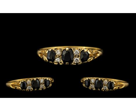 Ladies - Attractive 9ct Gold Sapphire and Diamond Set Dress Ring, Old Gallery Setting. Fully Hallmarked for 9ct - 375. Ring S