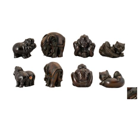 20th Century Collection of Carved Boxwood Netsukes 4 in Total - various subjects. Elephant Netsuke, Pair of Hippos Netsuke, S