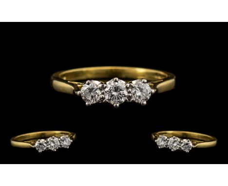 18ct Gold Good Quality 3 Stone Diamond Ring.  The round brilliant cut diamonds of excellent colour/clarity.  Good sparkle all