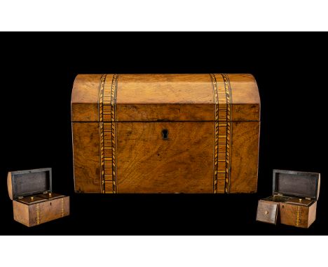 Antique Period Dome Shaped Walnut Veneered Twin Tea Caddy with marquetry banding - two fitted compartments to the interior. c