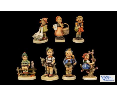 Hummel Early Hand Painted Figure ( 7 ) Figures In Total. Comprises 1/ Little Schoolgirl 2/ Little Boy with Goat. 3/ Girl on a