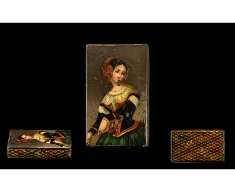 George III Period Hand Painted Hinged Paper Mache - Rectangular Shaped Snuff Box. The Cover with Painted Full Portrait of a L