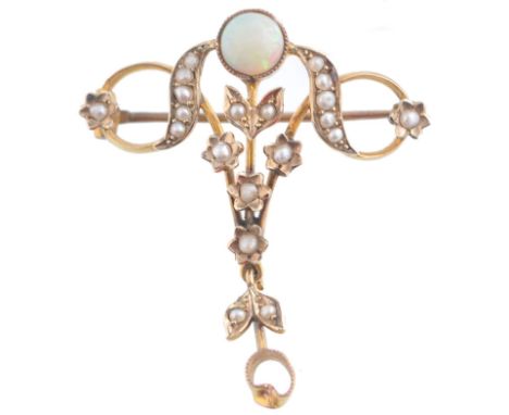 A Victorian 9ct gold opal and seed pearl belle epoque brooch. Round opal ( 5mm ) above an adornment of swirling seed pearls w