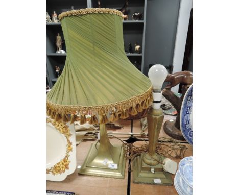 Two vintage brass table lamps,one with green shade.