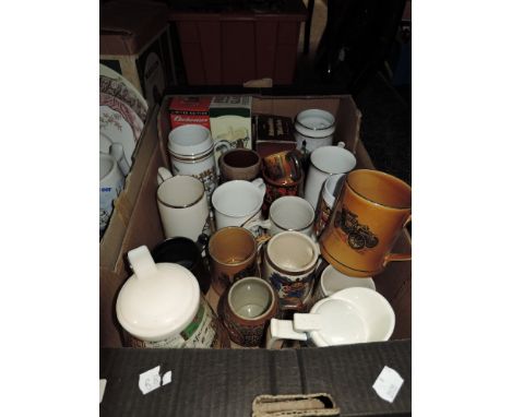 A box of vintage mugs and steins/tankards.