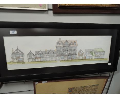 An architectural style print of shop fronts