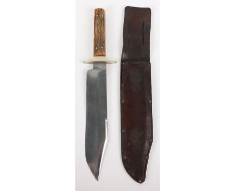 George Wostenholm &amp; Son Ltd Bowie Knife, fine example with stag horn two slab grips. Housed in its studded leather covere