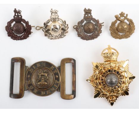 Royal Marines Badge Grouping, consisting of a officers headdress badge (re-gilded), other ranks waist belt clasp, RMLI cap ba