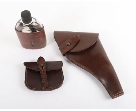 British Officers Equipment Grouping, consisting of brown leather pistol holster, ammunition pouch and glass water bottle in b