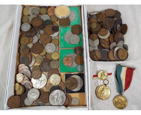 Numismatology - A quantity of pre decimal UK and World coins, a World War One (WWI)  Peace Medal, inscribed to the rim # 3570