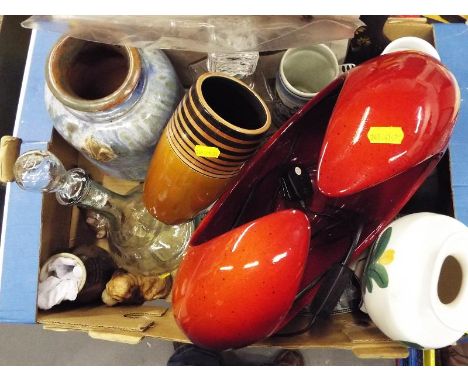 A good mixed lot of ceramics and glass ware to include decanters, stone ware, a large red ceramic light, steins and similar