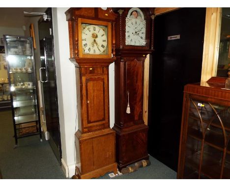 A provincial oak and mahogany cased 30 hour longcase clock, 12 inch (30 cm) square painted dial with floral and shell decorat