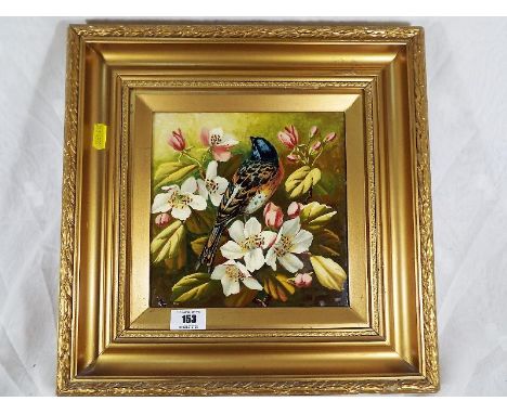A hand painted tile depicting a finch, gilt framed, image size 19.5cm x 19.5cm