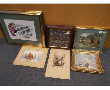 A collection of framed paintings, etchings, and prints to include a pencil drawing dated 1829, a tapestry and similar (qty) -