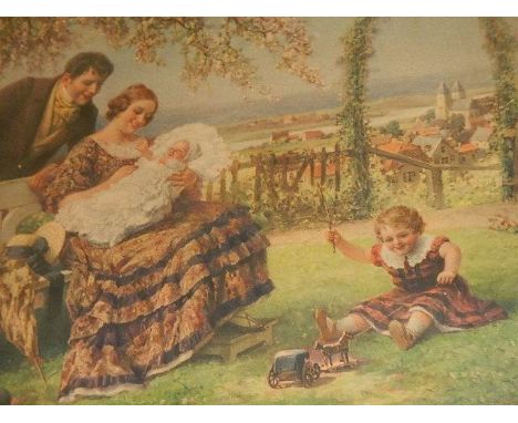 A framed and glazed print of family in a garden.  87 x 66 cm. (collect only).  
