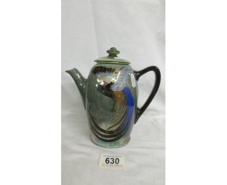 A Doulton 7" high Titanium coffee pot with a peacock design. (has lid but not matching).  