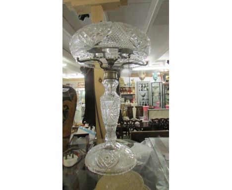 A good quality cut glass table lamp. Collect only.*condition report*2 bulb holders and chains on/off work, Shade diameter 32c