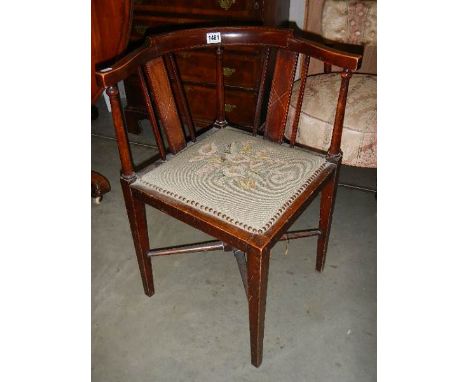 A mahogany inlaid corner chair with tapestry seat.Collect only.  