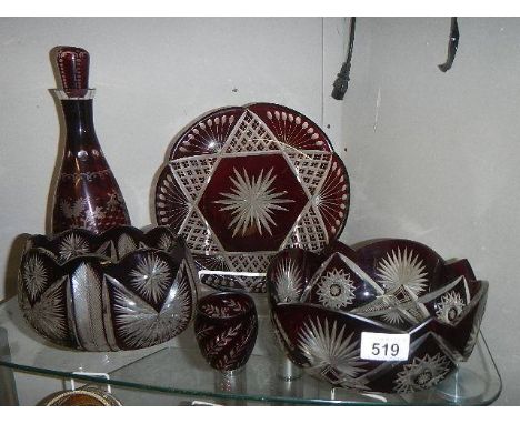 A overlaid glass decanter, bowls etc.,  Collect only.  