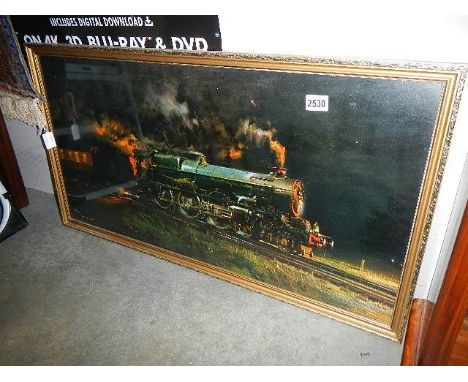 A framed &amp; glazed King George V steam locomotive at night print. (Original signature but indistinct, dated October 1970) 