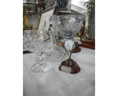 A large cut glass golf trophy bowl on stand, another golf trophy, a decanter and a goblet.  Collect only.  