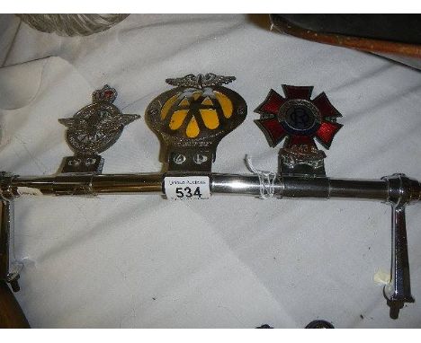 A 1950/60's Desmo car badge support bar on cast chrome supporte with three badges - 1950's Civil Service Motoring Association