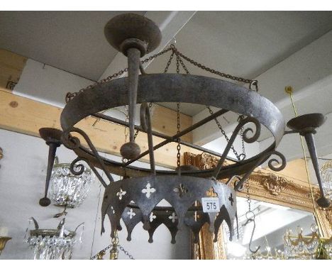 An old wrought iron ceiling light. Collect only.*condition report*Rough to the touch, surface rust to painted bare metal. Dia