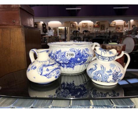 A Delft blue &amp; white oil bottle, a Woods teapot &amp; Booths chamber pot  