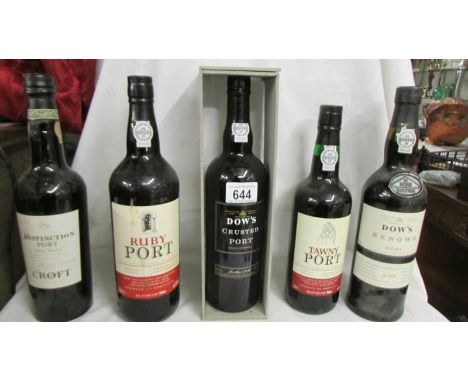 Five bottles of port - Dow's Renown, Dow's Crusted, Croft Distinction, Ruby and Tawny.  Collect only.  