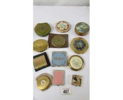 Nine assorted powder compacts, a trinket box and two handbag mirrors including a silk example.