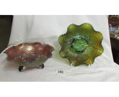 Two carnival glass bowls - Northwood amethyst grape &amp; cable and a Fenton green peacock &amp; grapes.  