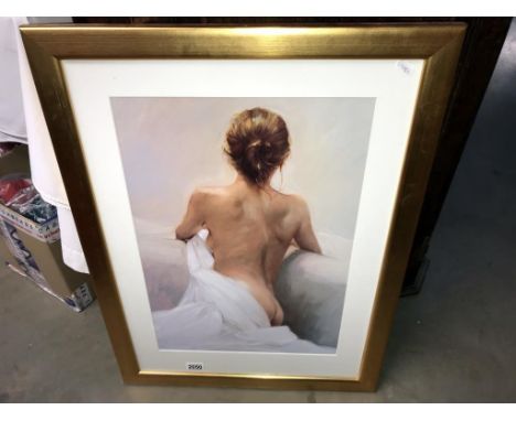 A large artistic print of a semi nude woman in gilded frame (77cm x 57cm) Collect only.  