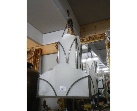 An art deco ceiling light, 58 cm drop by 36 cm square, four panels are damaged.  Collect only.  