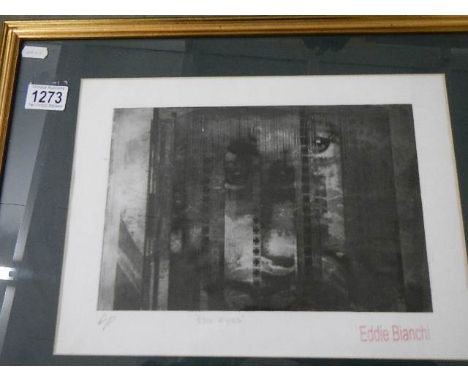 An Eddie Bianchi (act. 1975-1995) female facial modernist abstract artist's proof etching entitle 'The Eyes', with name stamp