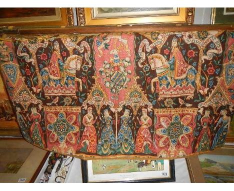 A good quality tapestry mounted on two medieval style weapons. (collect only).*condition report*125cm x 70cm not including lo